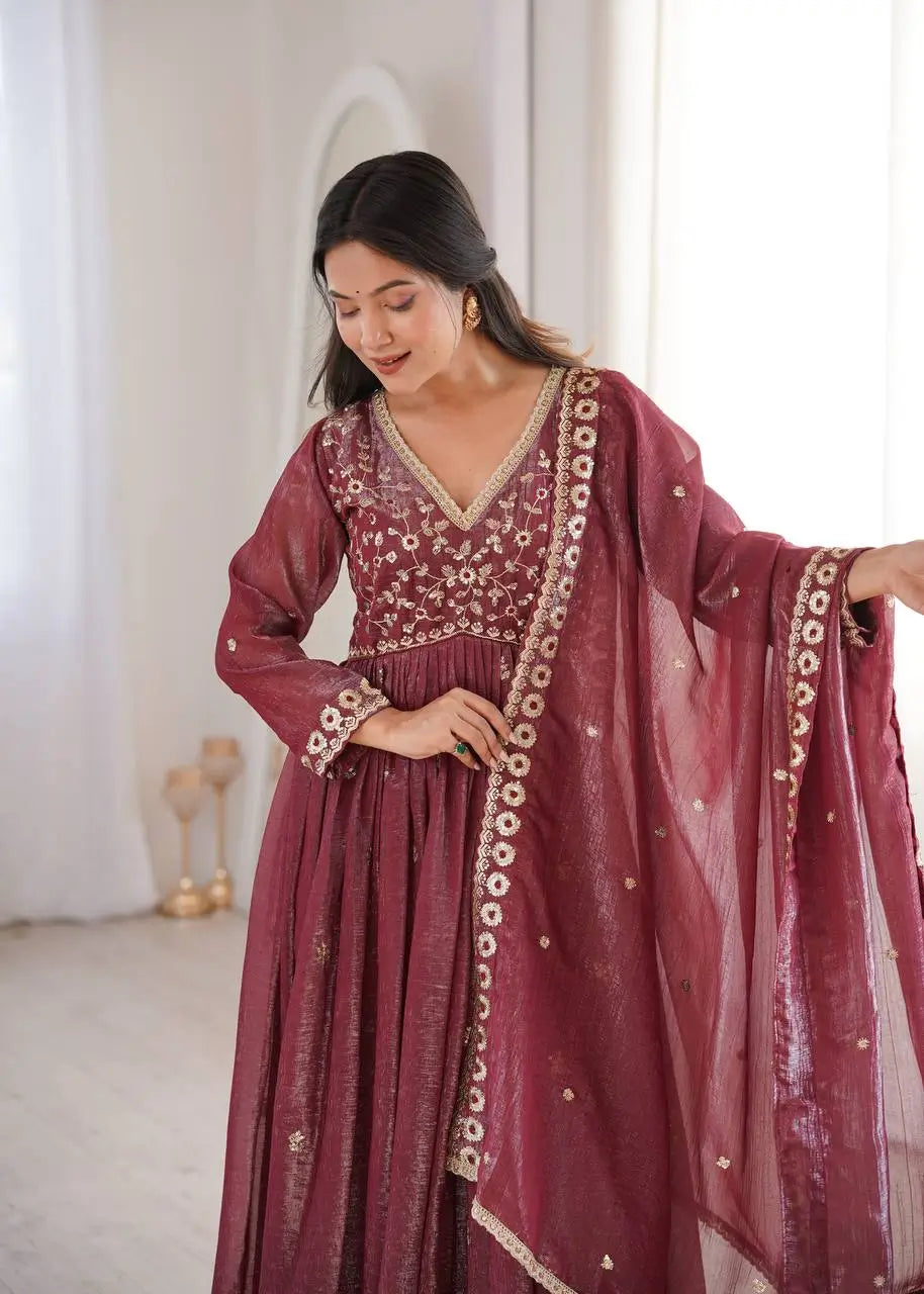 Crunchy Fabric Embroidered Anarkali Gown Set for Wedding and Festive Wear