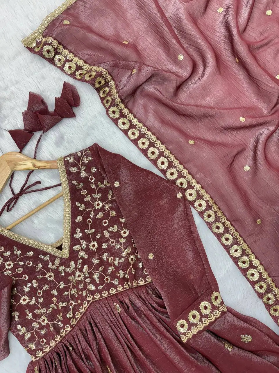 Crunchy Fabric Embroidered Anarkali Gown Set for Wedding and Festive Wear