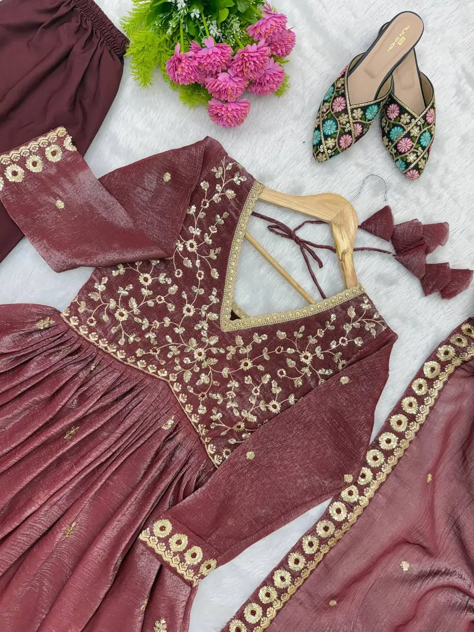 Crunchy Fabric Embroidered Anarkali Gown Set for Wedding and Festive Wear