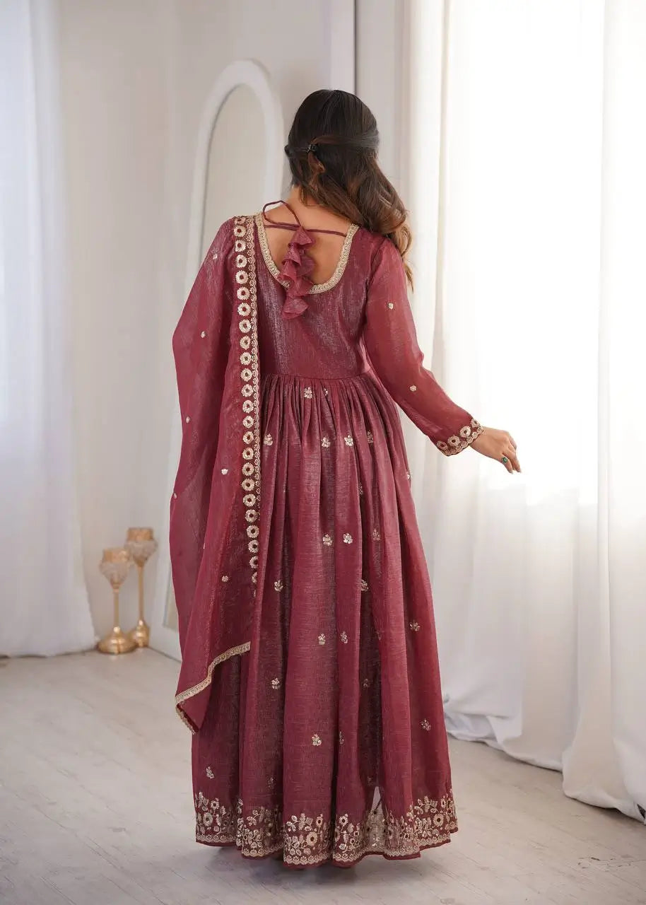 Crunchy Fabric Embroidered Anarkali Gown Set for Wedding and Festive Wear