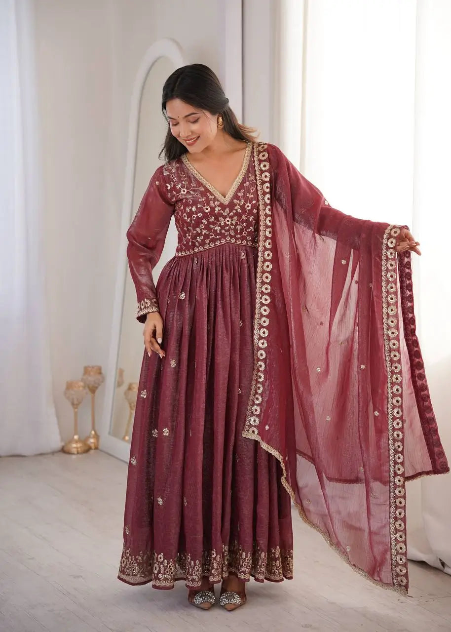 Crunchy Fabric Embroidered Anarkali Gown Set for Wedding and Festive Wear