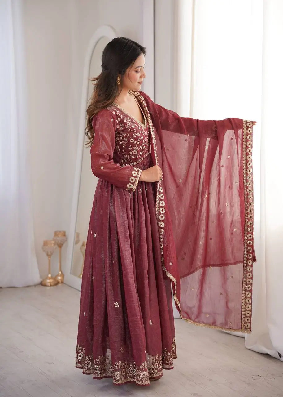 Crunchy Fabric Embroidered Anarkali Gown Set for Wedding and Festive Wear
