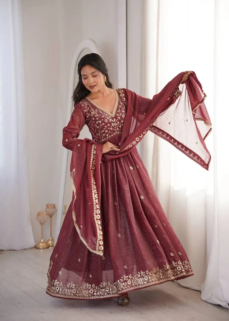 Crunchy Fabric Embroidered Anarkali Gown Set for Wedding and Festive Wear