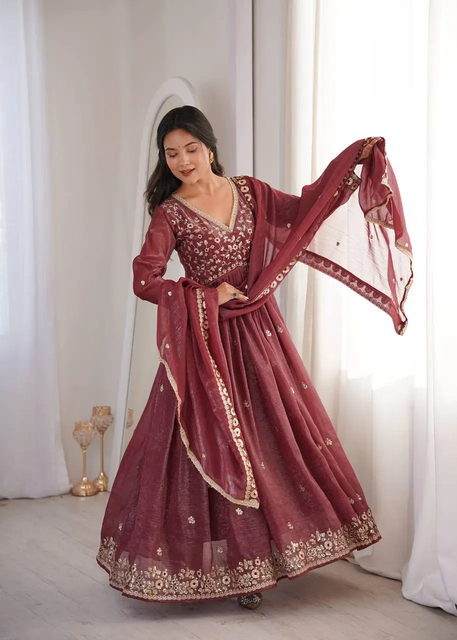 Crunchy Fabric Embroidered Anarkali Gown Set for Wedding and Festive Wear