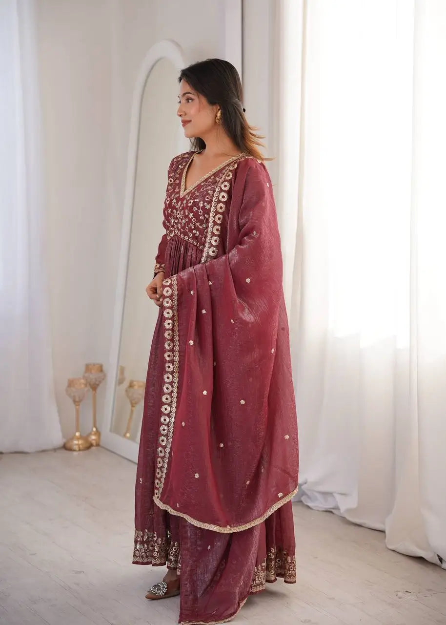 Crunchy Fabric Embroidered Anarkali Gown Set for Wedding and Festive Wear