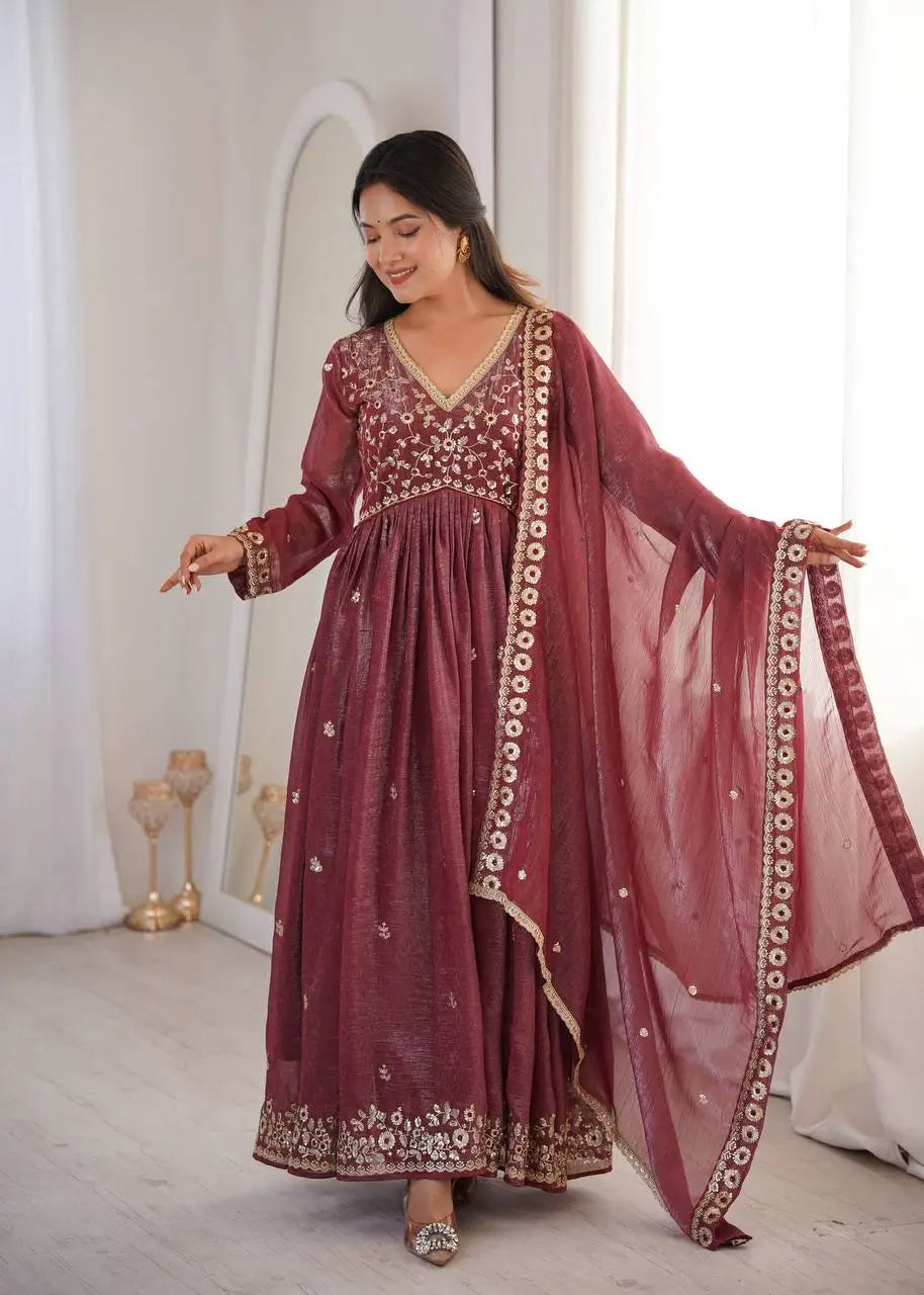Crunchy Fabric Embroidered Anarkali Gown Set for Wedding and Festive Wear