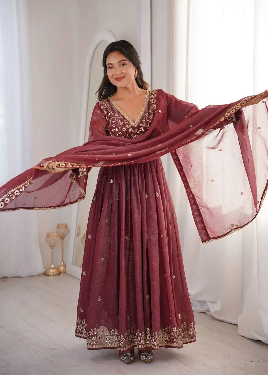 Crunchy Fabric Embroidered Anarkali Gown Set for Wedding and Festive Wear
