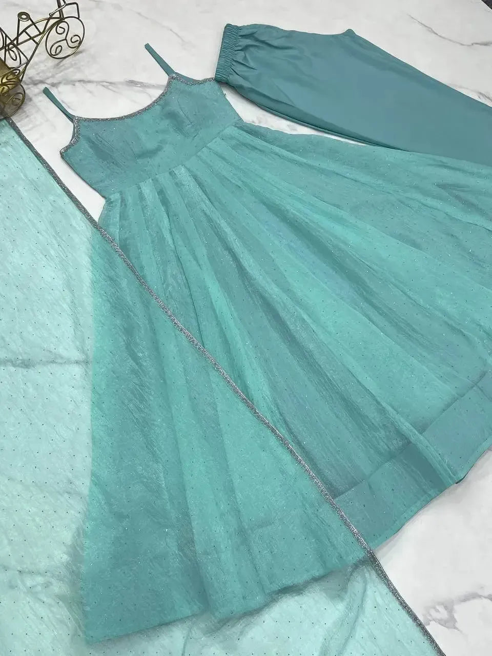 Crunchy Silk Anarkali Set with Swarovski Work Dupatta & Pant