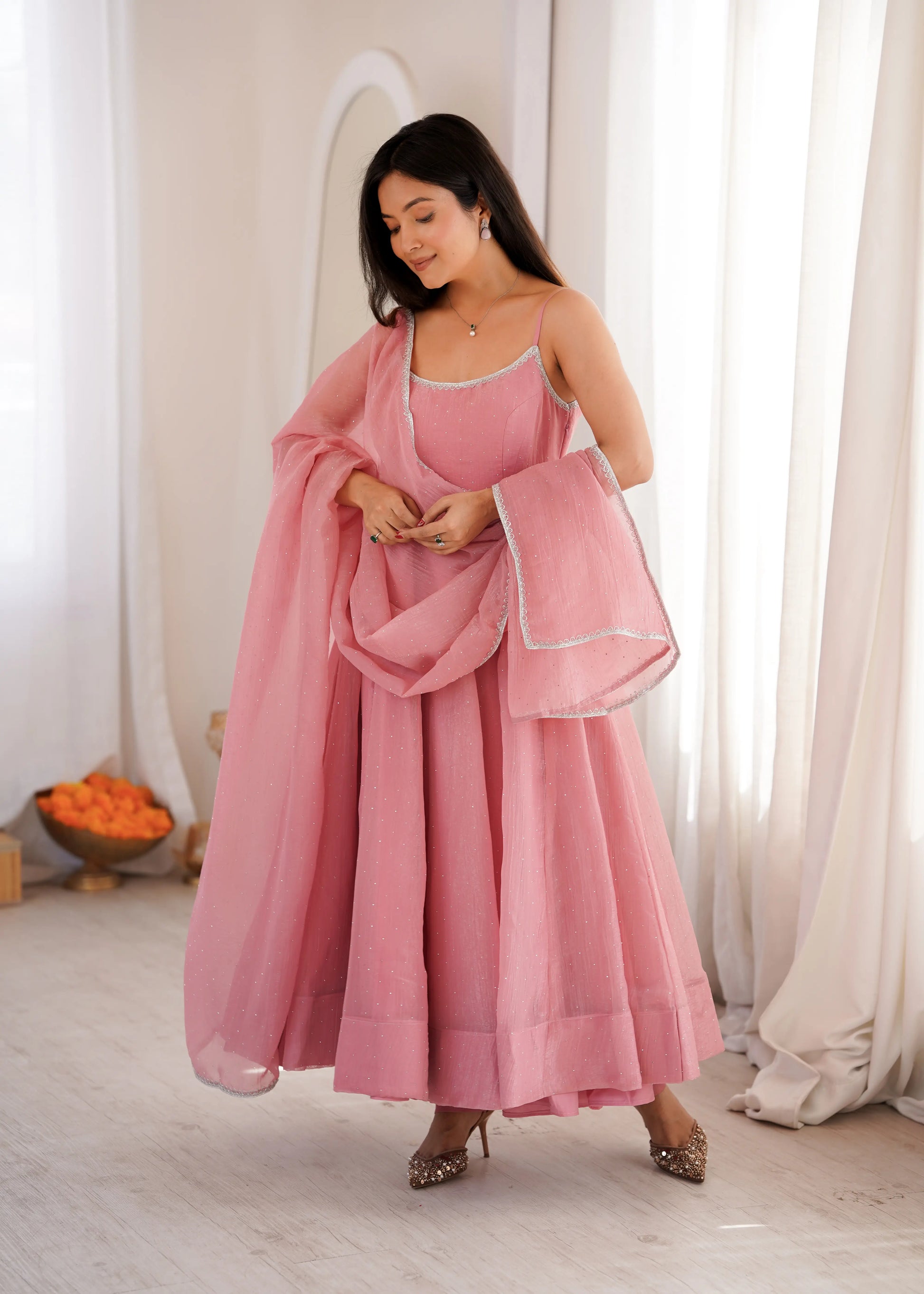 Crunchy Silk Anarkali Set with Swarovski Work Dupatta & Pant