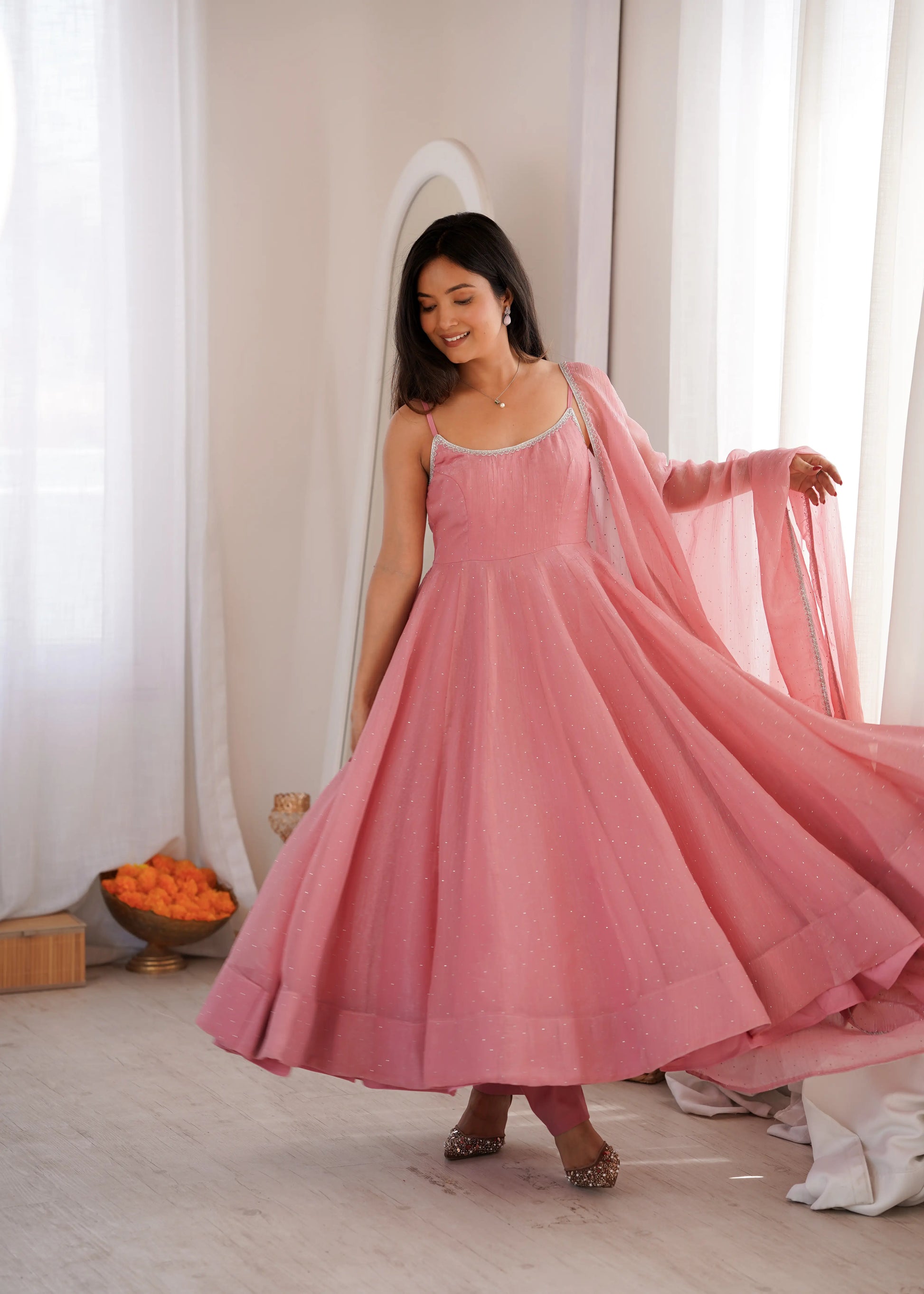 Crunchy Silk Anarkali Set with Swarovski Work Dupatta & Pant