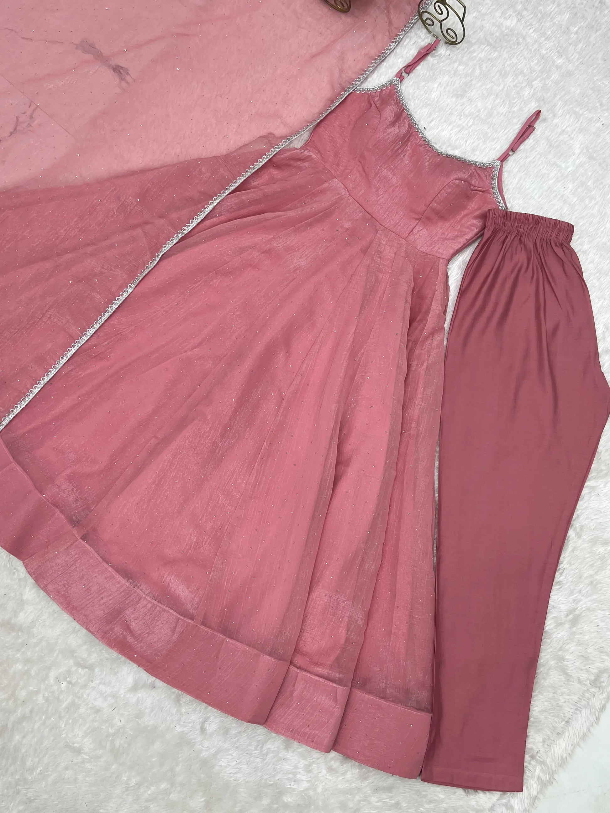Crunchy Silk Anarkali Set with Swarovski Work Dupatta & Pant