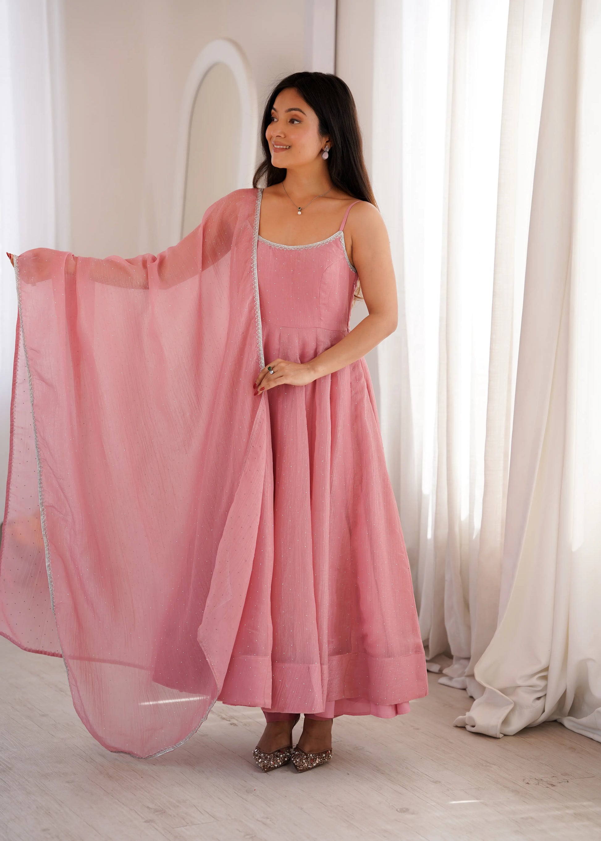Crunchy Silk Anarkali Set with Swarovski Work Dupatta & Pant