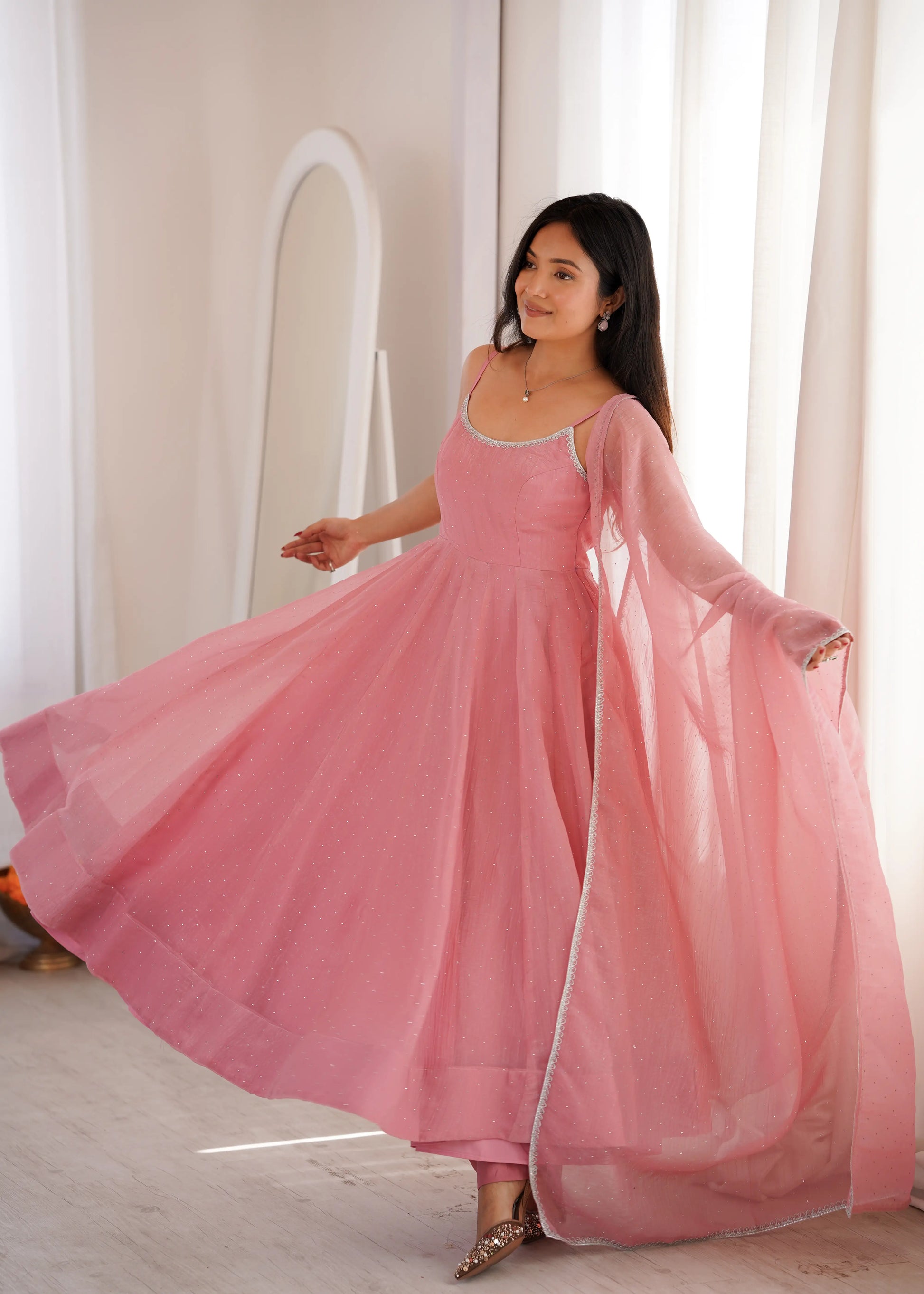 Crunchy Silk Anarkali Set with Swarovski Work Dupatta & Pant
