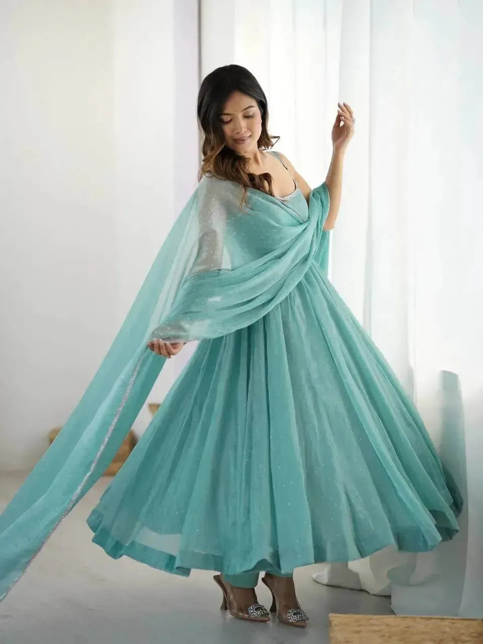 Crunchy Silk Anarkali Set with Swarovski Work Dupatta & Pant