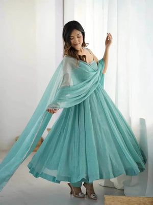 Crunchy Silk Anarkali Set with Swarovski Work Dupatta & Pant