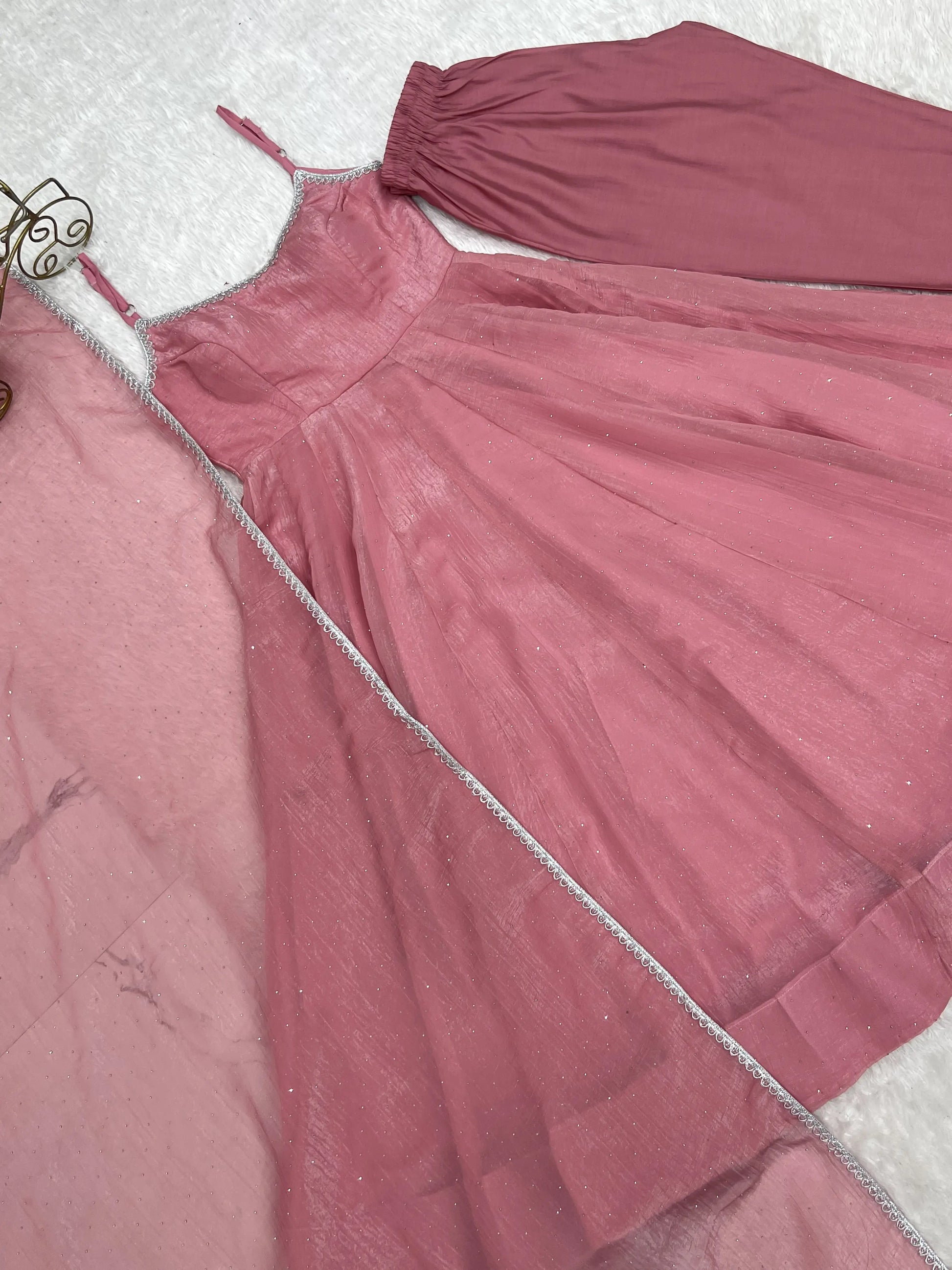 Crunchy Silk Anarkali Set with Swarovski Work Dupatta & Pant