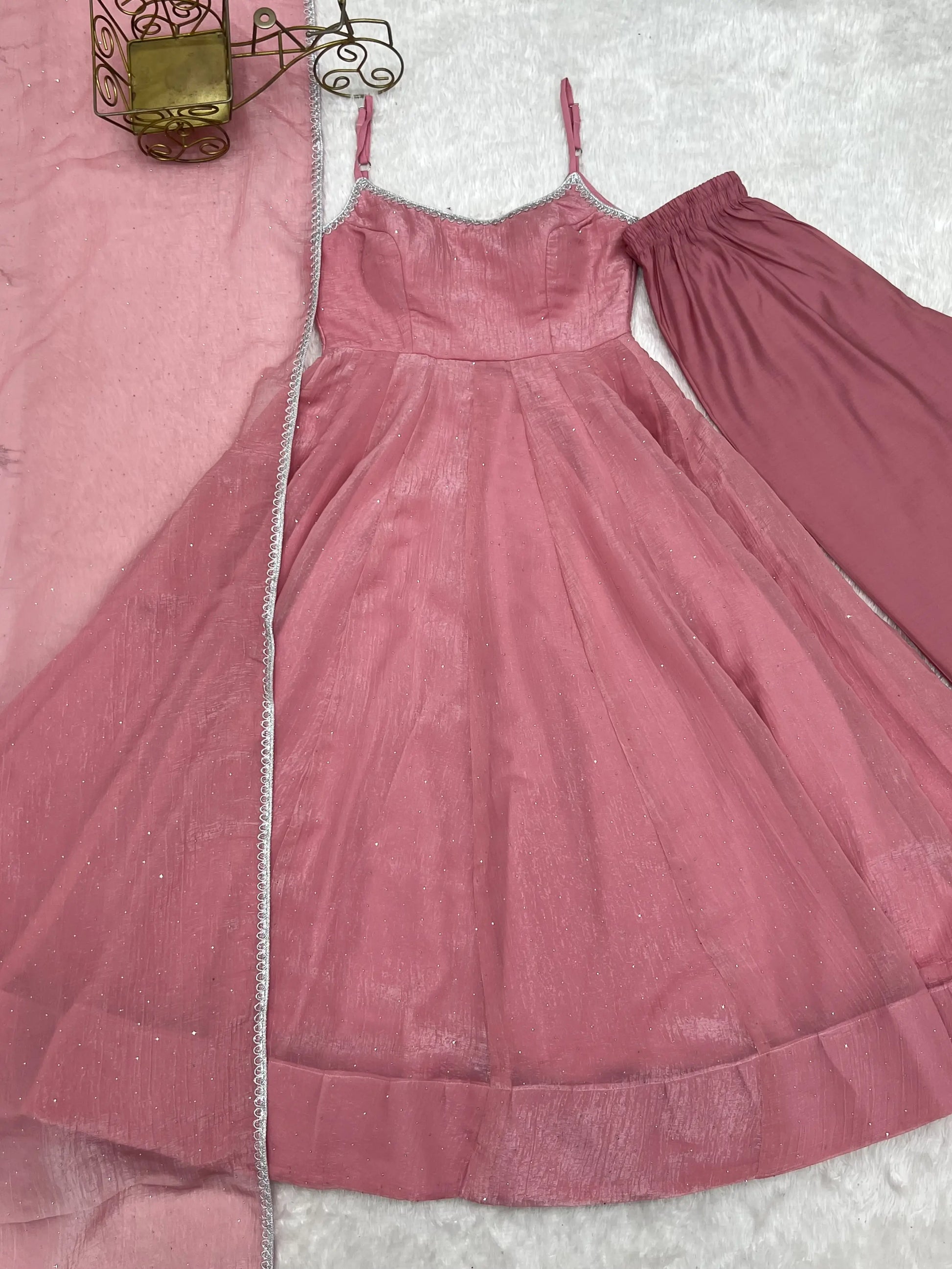 Crunchy Silk Anarkali Set with Swarovski Work Dupatta & Pant