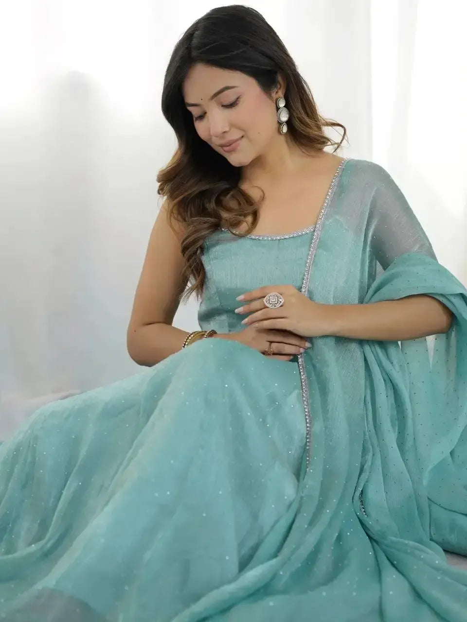 Crunchy Silk Anarkali Set with Swarovski Work Dupatta & Pant