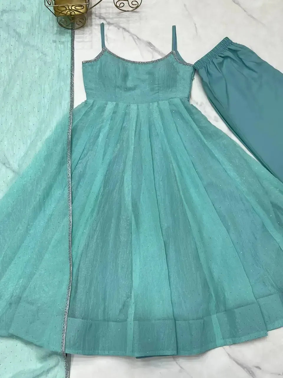 Crunchy Silk Anarkali Set with Swarovski Work Dupatta & Pant