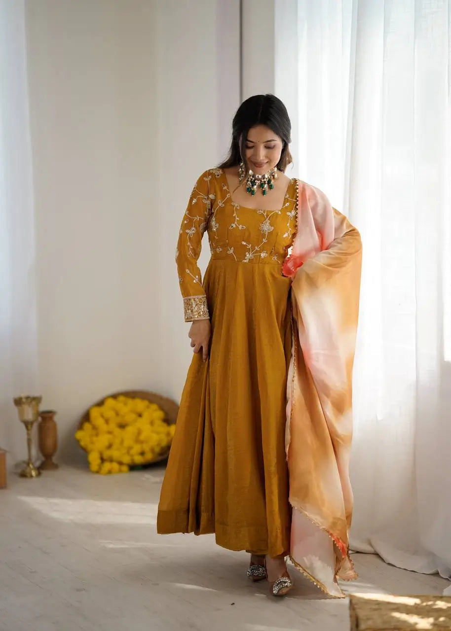 Crunchy Silk Embroidered Gown Plazzo Set