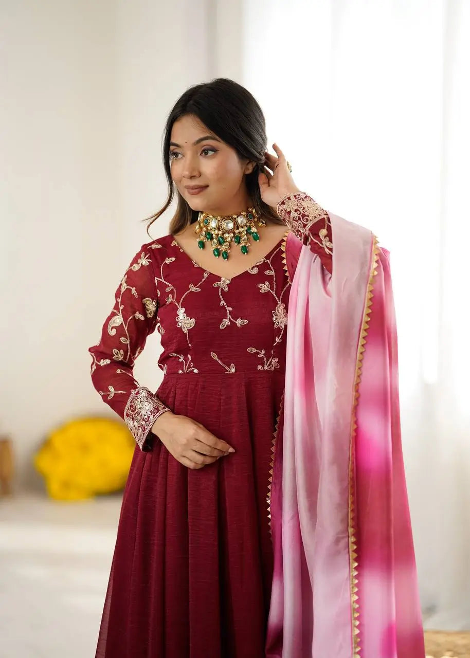Crunchy Silk Embroidered Gown Plazzo Set