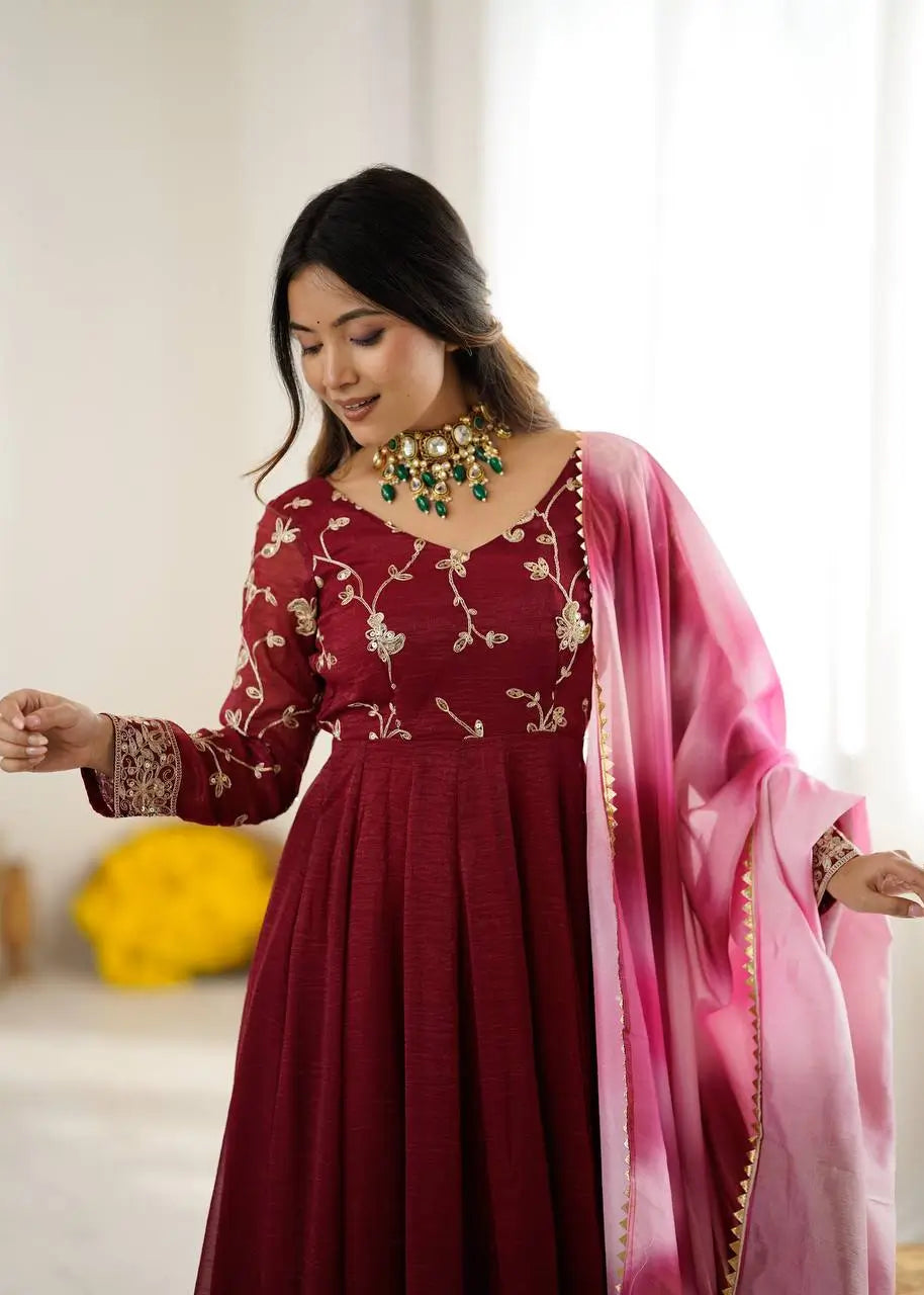 Crunchy Silk Embroidered Gown Plazzo Set