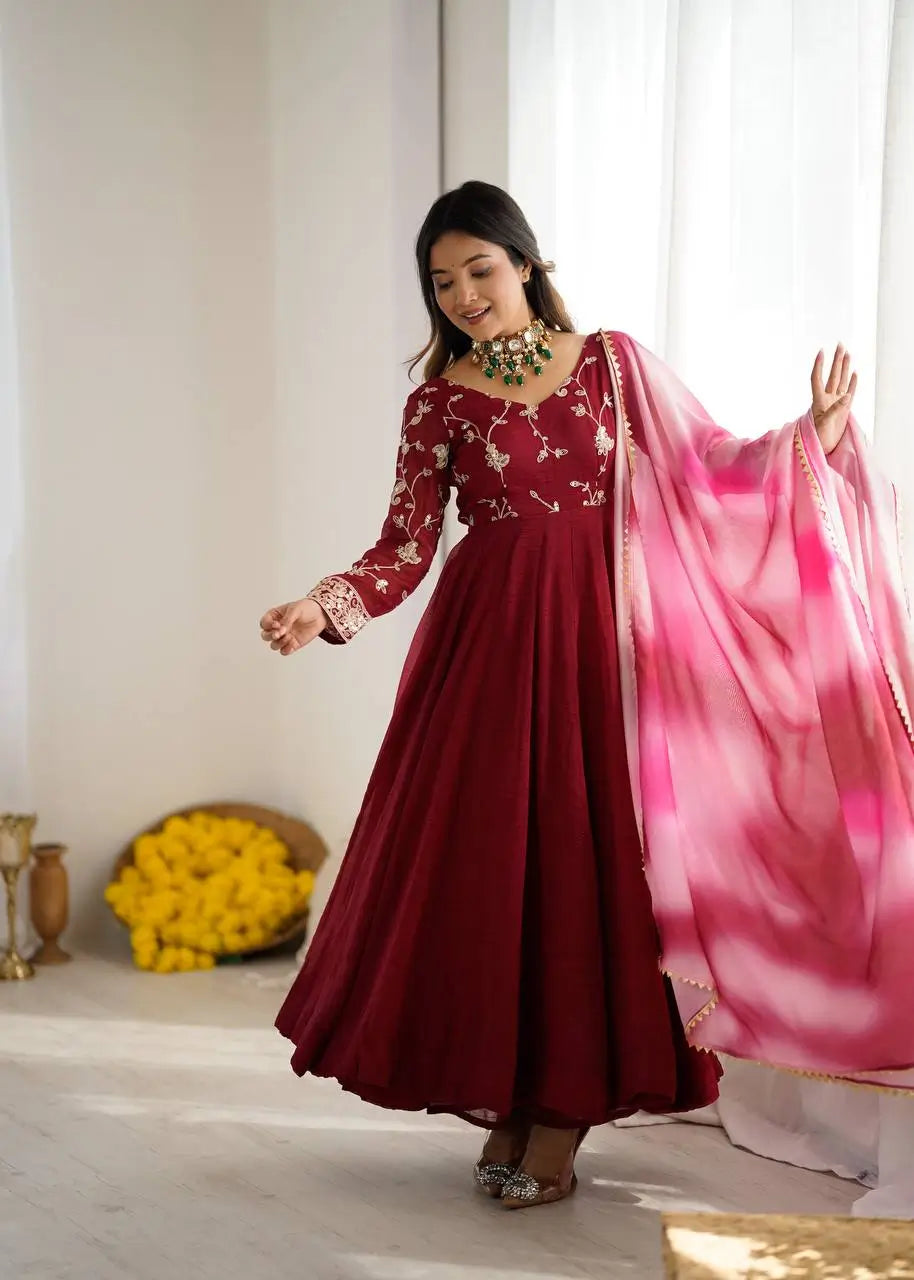 Crunchy Silk Embroidered Gown Plazzo Set