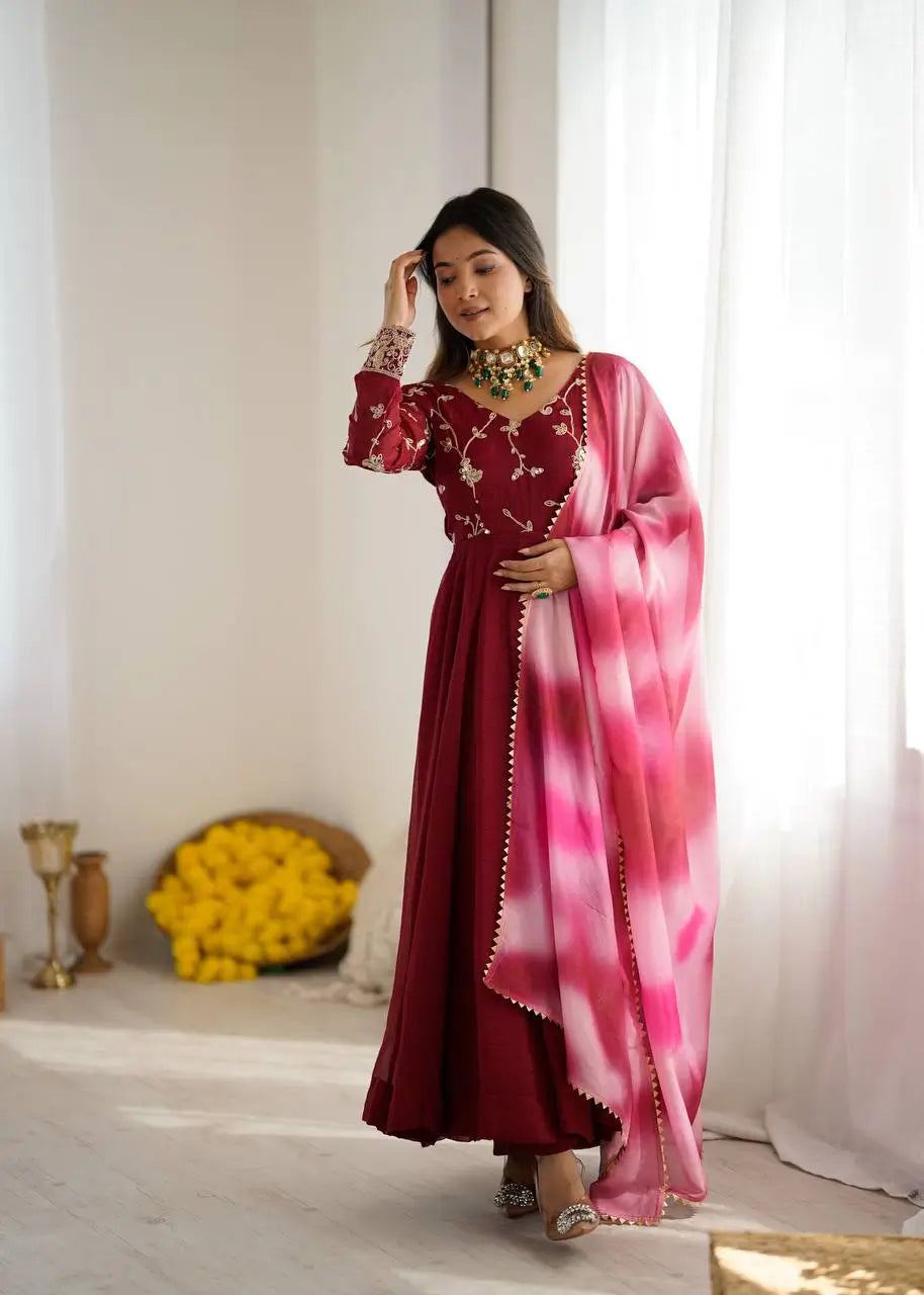 Crunchy Silk Embroidered Gown Plazzo Set