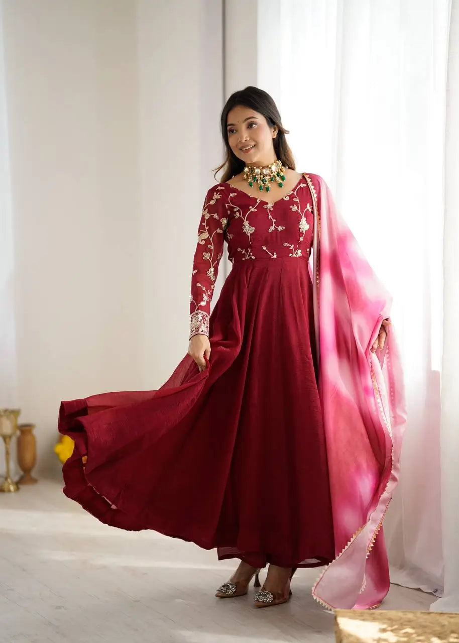 Crunchy Silk Embroidered Gown Plazzo Set