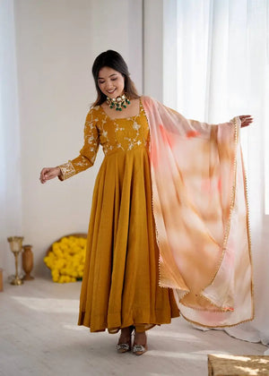 Crunchy Silk Embroidered Gown Plazzo Set