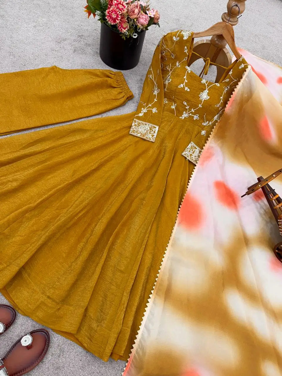 Crunchy Silk Embroidered Gown Plazzo Set