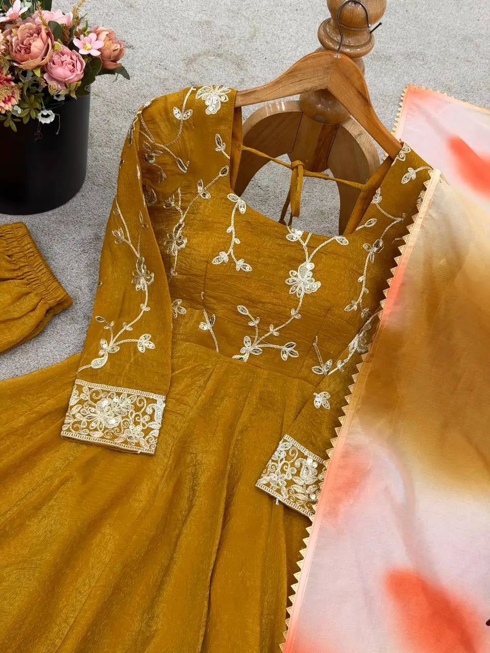 Crunchy Silk Embroidered Gown Plazzo Set