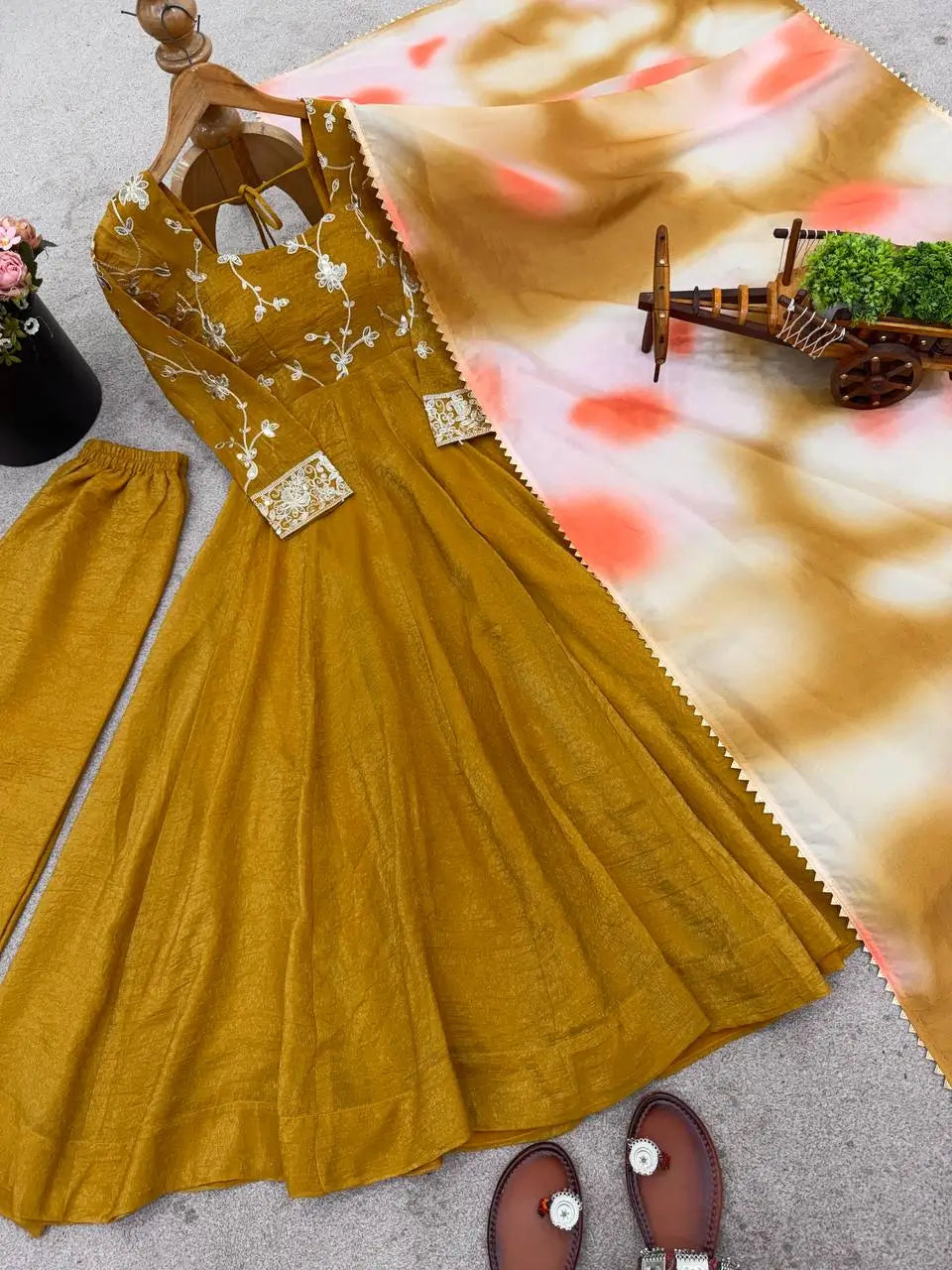 Crunchy Silk Embroidered Gown Plazzo Set