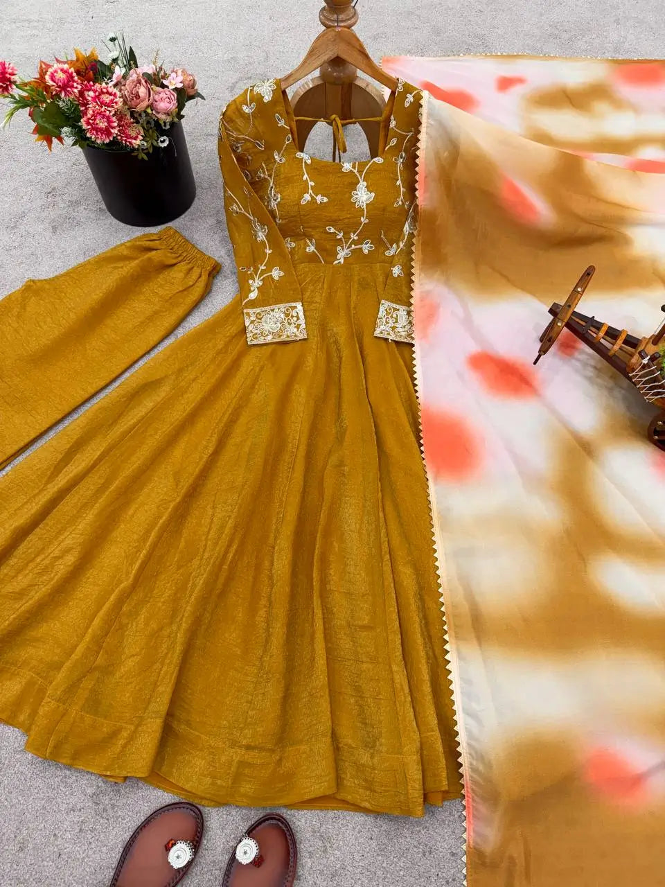 Crunchy Silk Embroidered Gown Plazzo Set