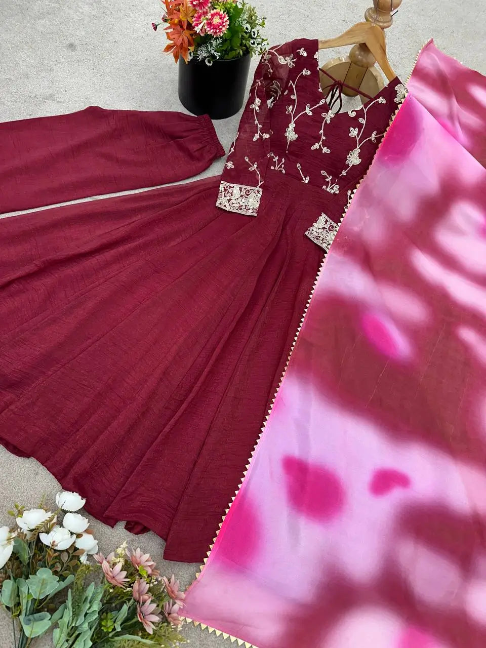 Crunchy Silk Embroidered Gown Plazzo Set