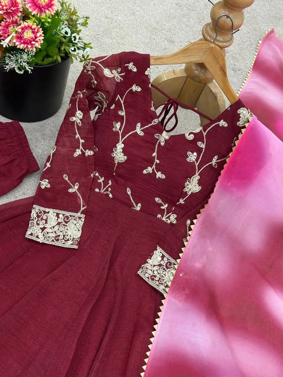 Crunchy Silk Embroidered Gown Plazzo Set