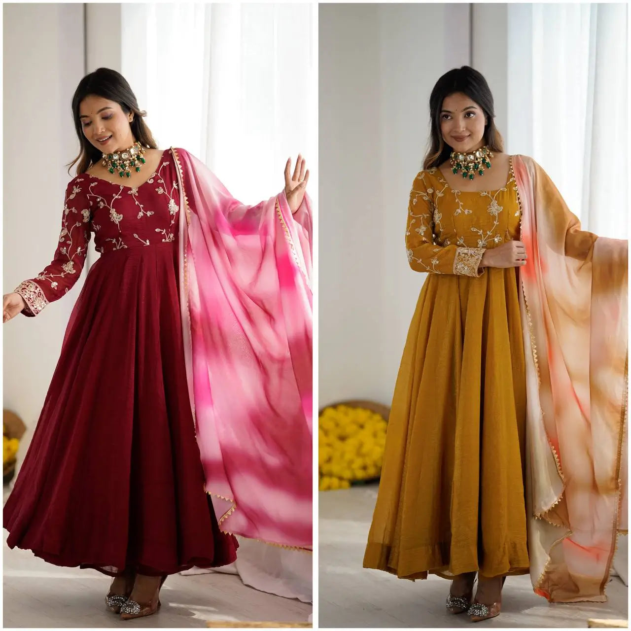 Crunchy Silk Embroidered Gown Plazzo Set