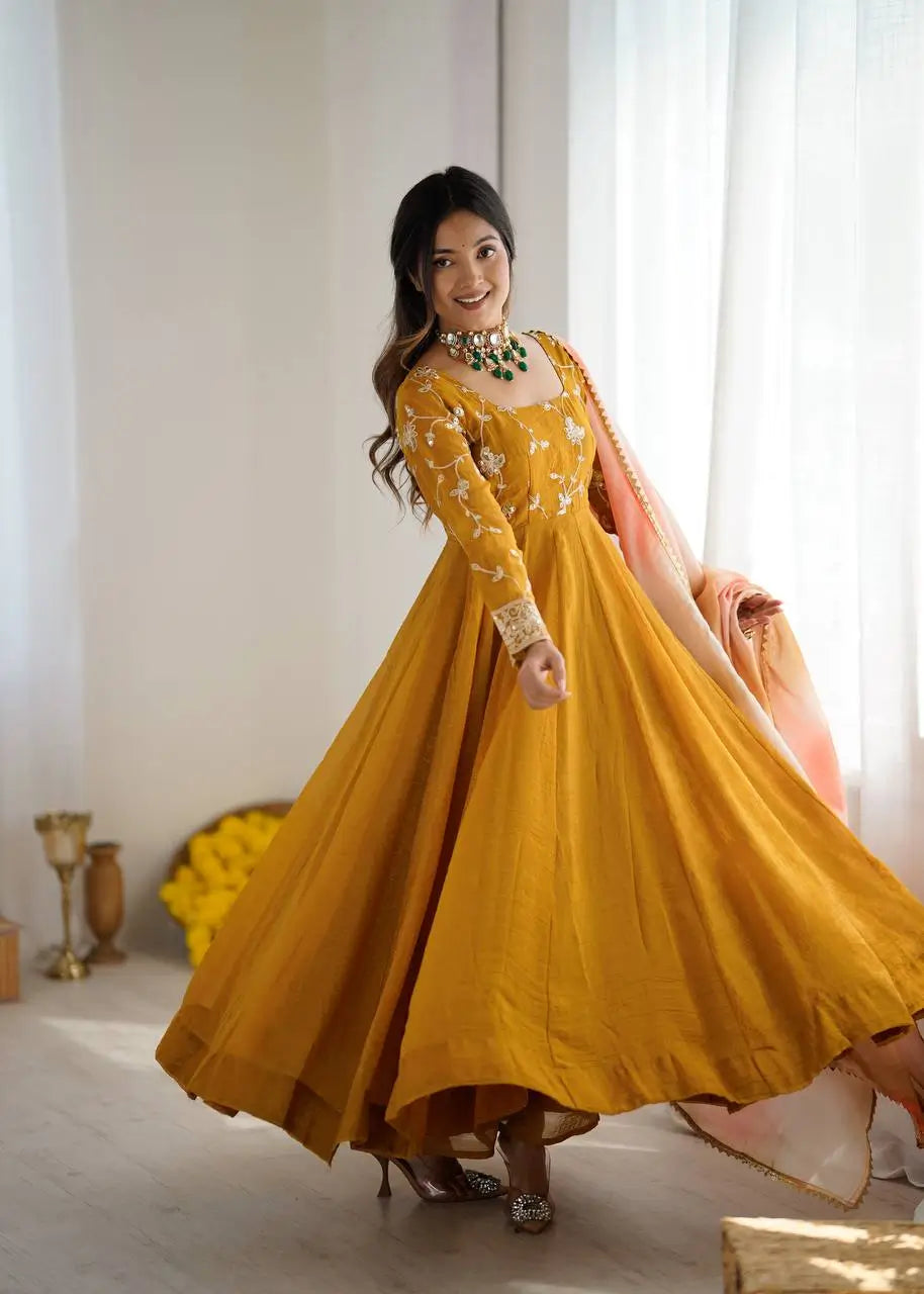 Crunchy Silk Embroidered Gown Plazzo Set