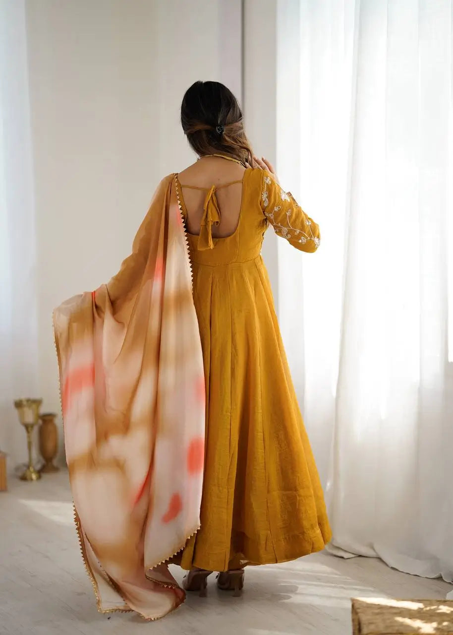 Crunchy Silk Embroidered Gown Plazzo Set