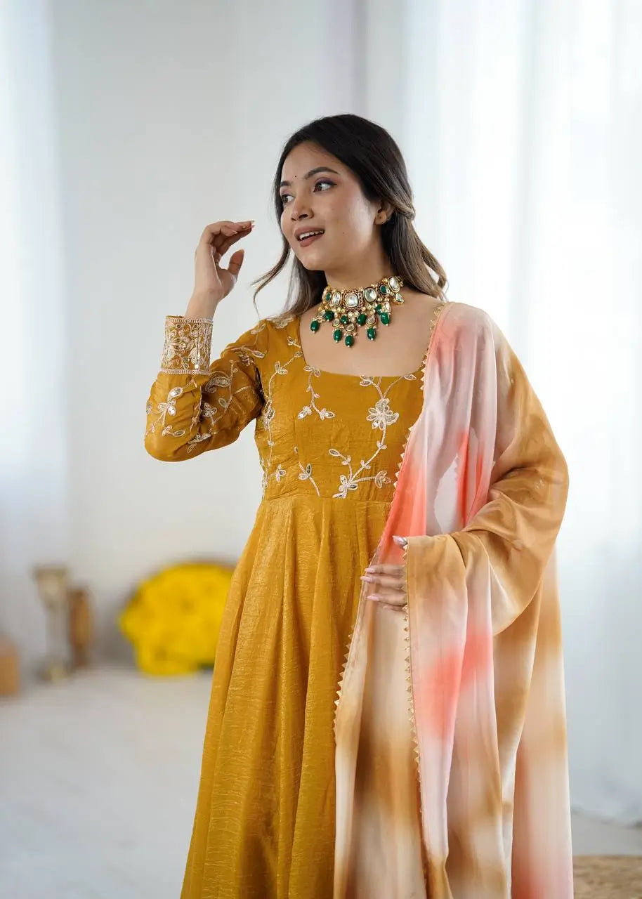 Crunchy Silk Embroidered Gown Plazzo Set