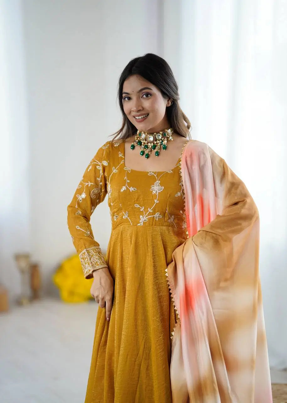 Crunchy Silk Embroidered Gown Plazzo Set