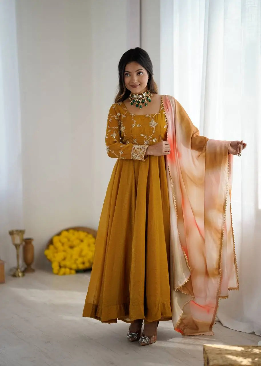 Crunchy Silk Embroidered Gown Plazzo Set