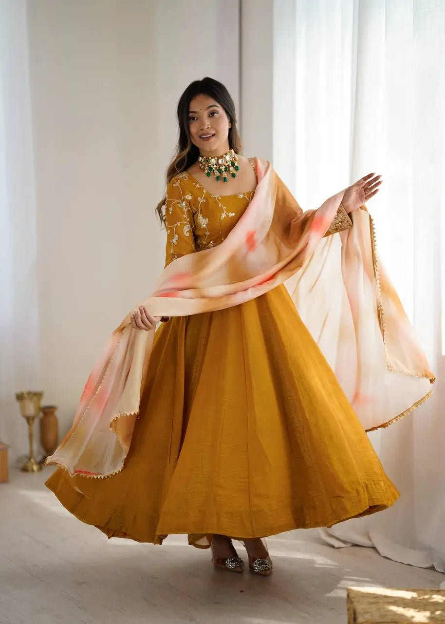 Crunchy Silk Embroidered Gown Plazzo Set