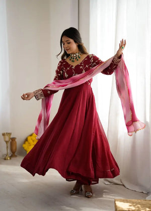 Crunchy Silk Embroidered Gown Plazzo Set