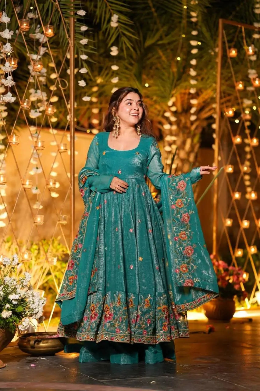 Crunchy Silk Embroidered Gown Sharara Set with Dupatta for Elegant look