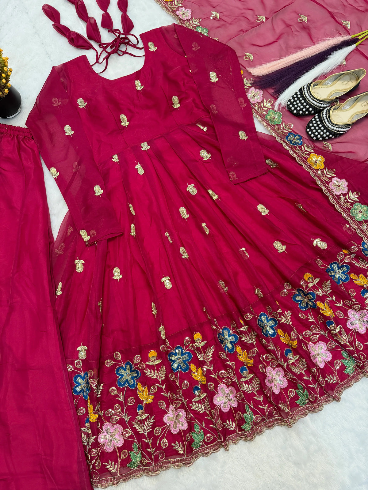 Crunchy Silk Embroidered Gown Sharara Set with Dupatta for Elegant look