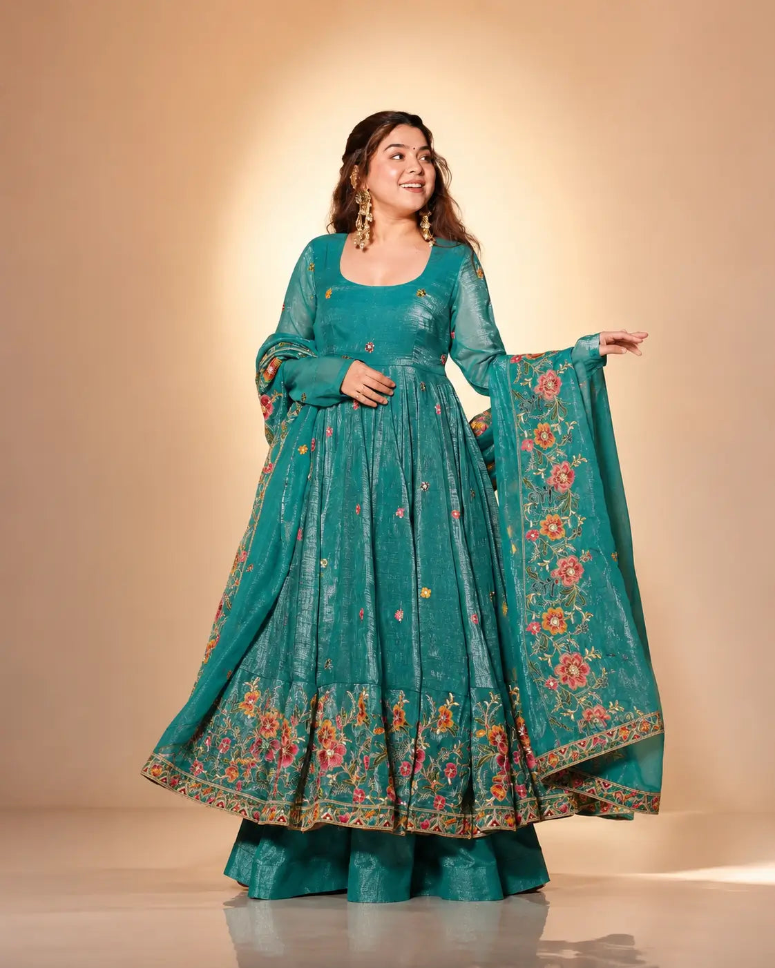 Crunchy Silk Embroidered Gown Sharara Set with Dupatta for Elegant look