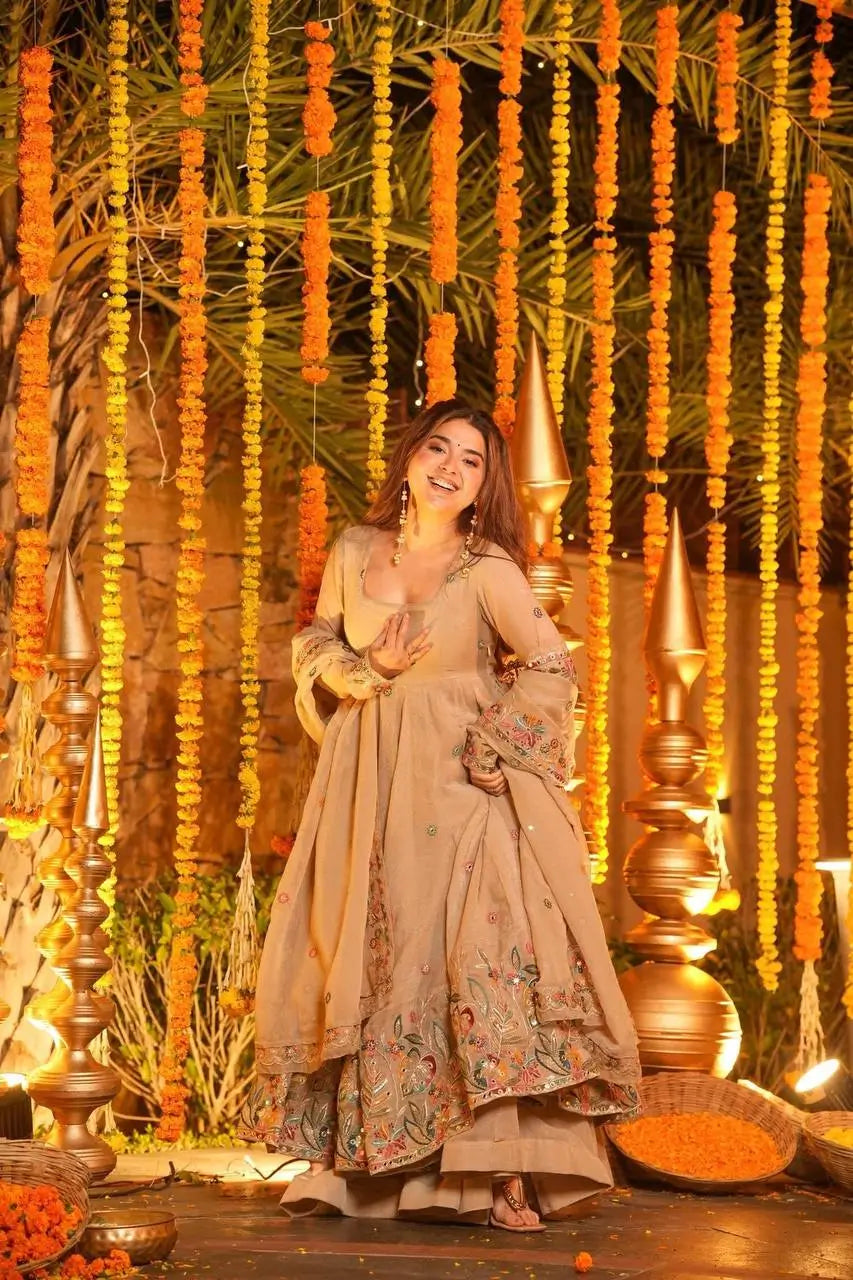 Crunchy Silk Embroidered Gown Sharara Set with Dupatta for Elegant look