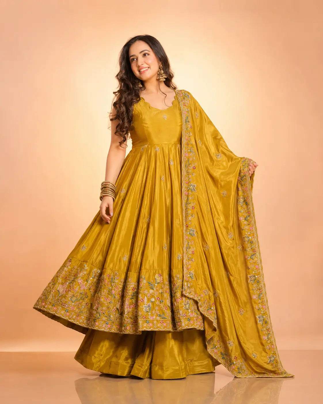 Crunchy Silk Embroidered Gown Sharara Set with Dupatta for Elegant look