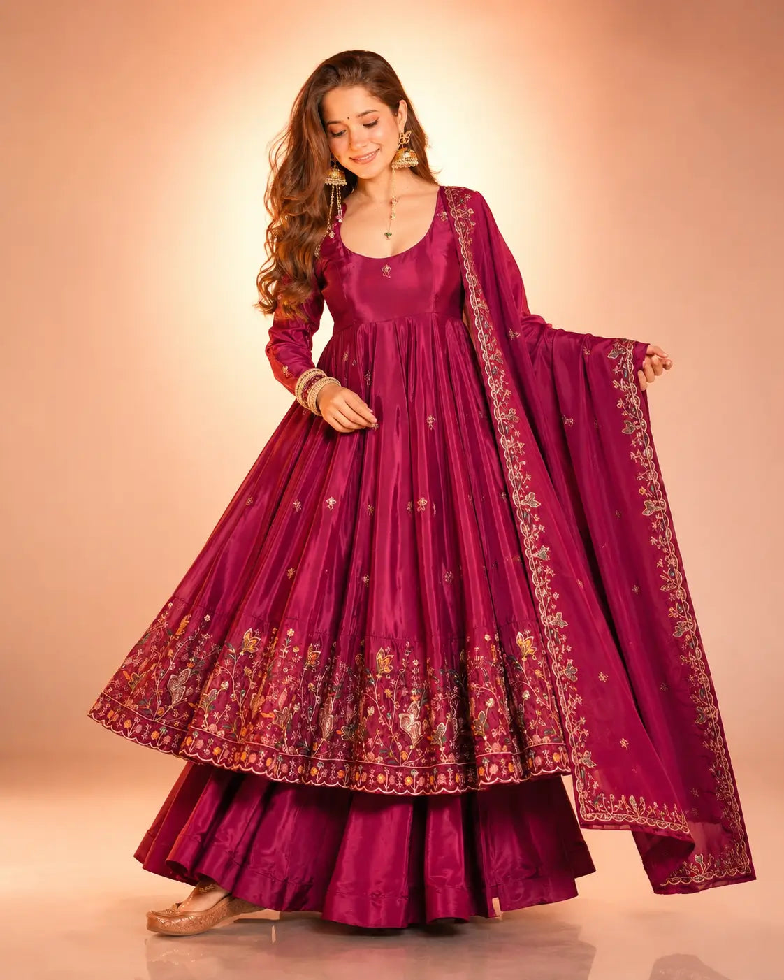 Crunchy Silk Embroidered Gown Sharara Set with Dupatta for Elegant look